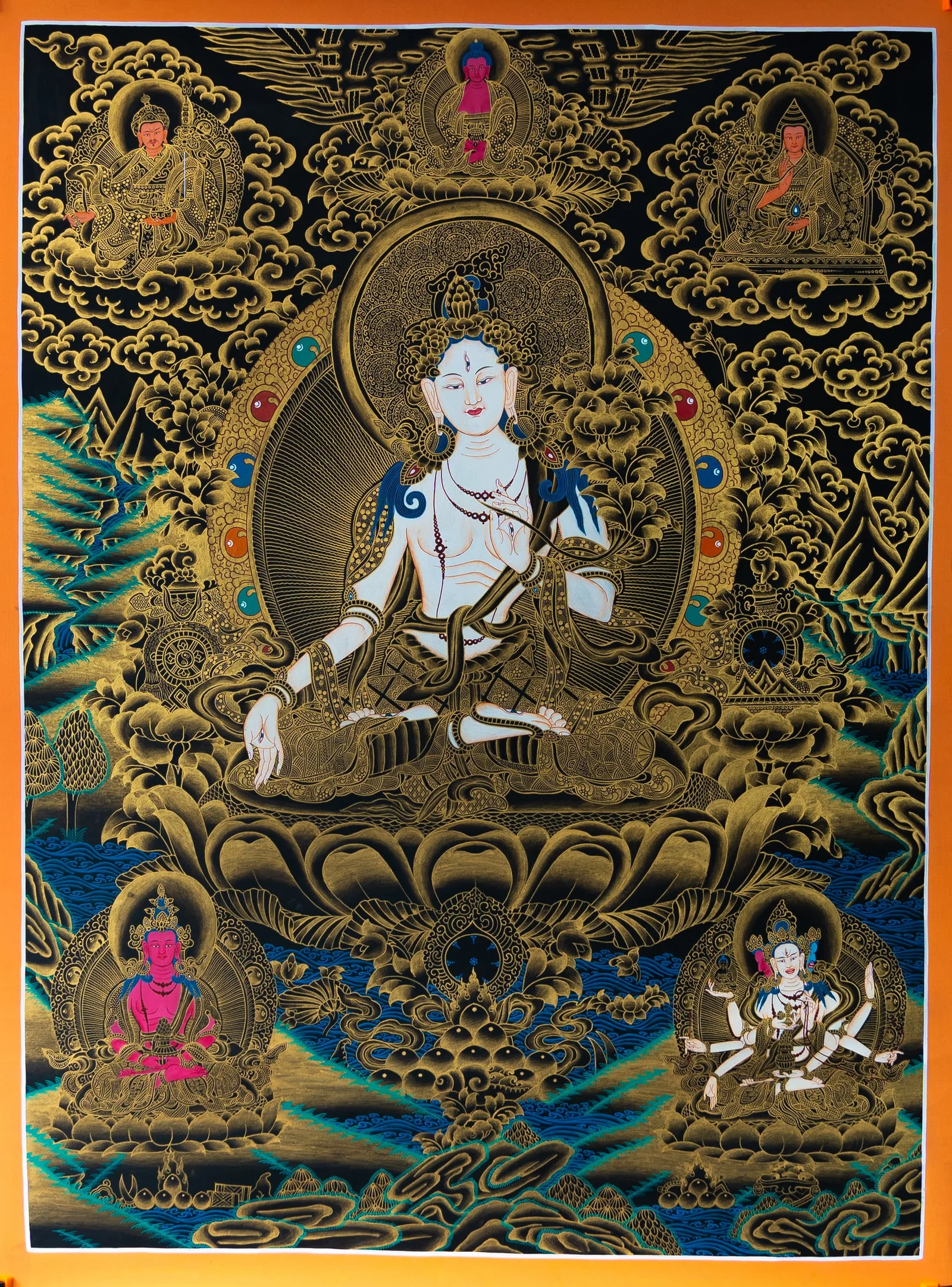 White Tara seated on a lotus, black and gold thangka with Amitayus and Ushnishavijaya below