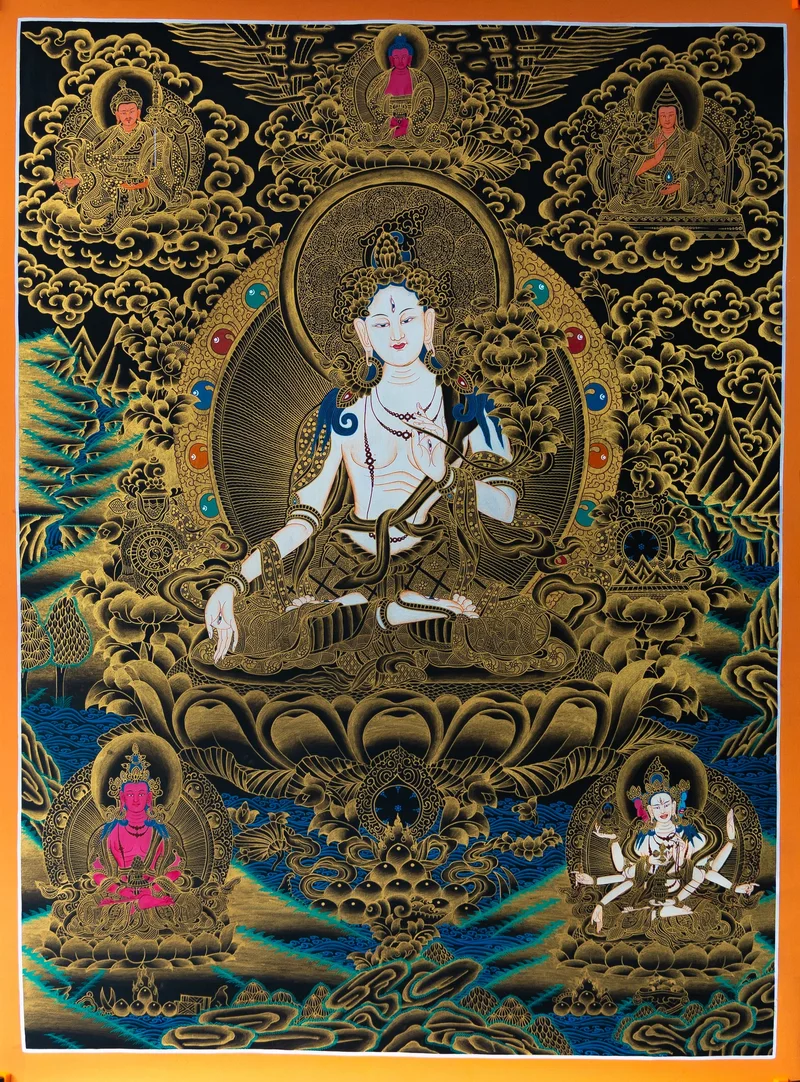 White Tara seated on a lotus, black and gold thangka with Amitayus and Ushnishavijaya below