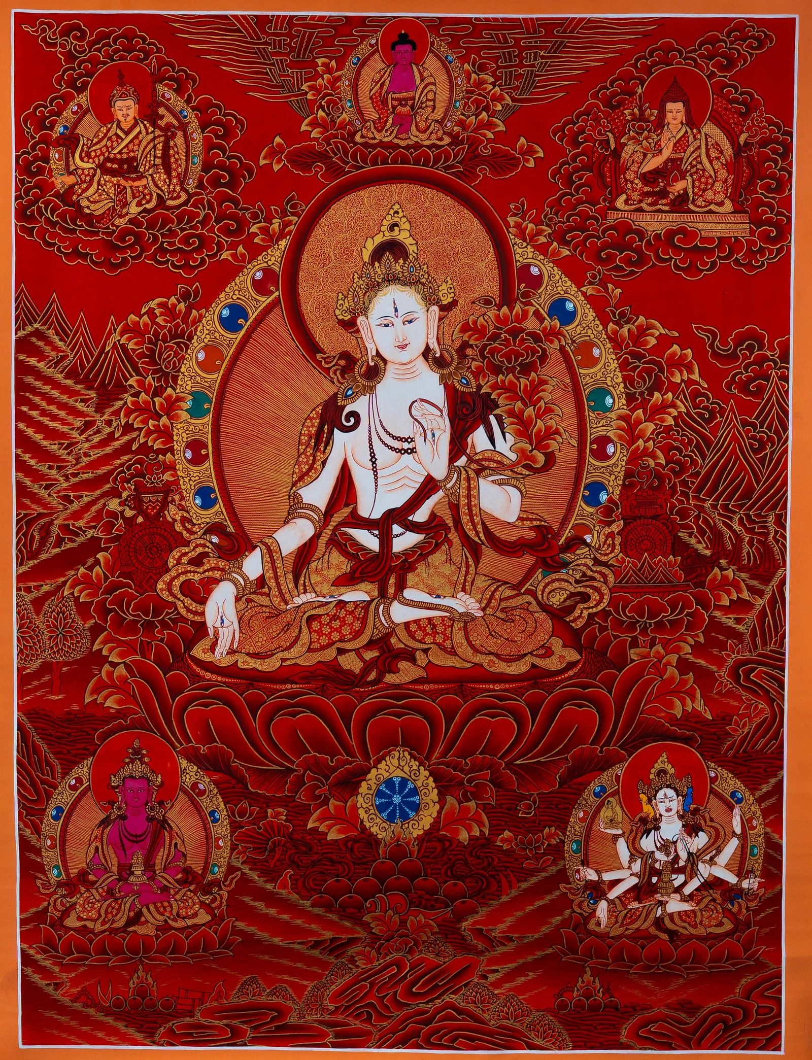 White Tara seated on a lotus, red and gold thangka with Amitayus and Ushnishavijaya below