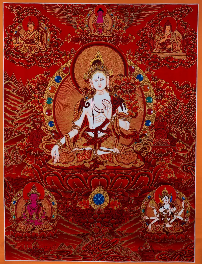 White Tara seated on a lotus, red and gold thangka with Amitayus and Ushnishavijaya below