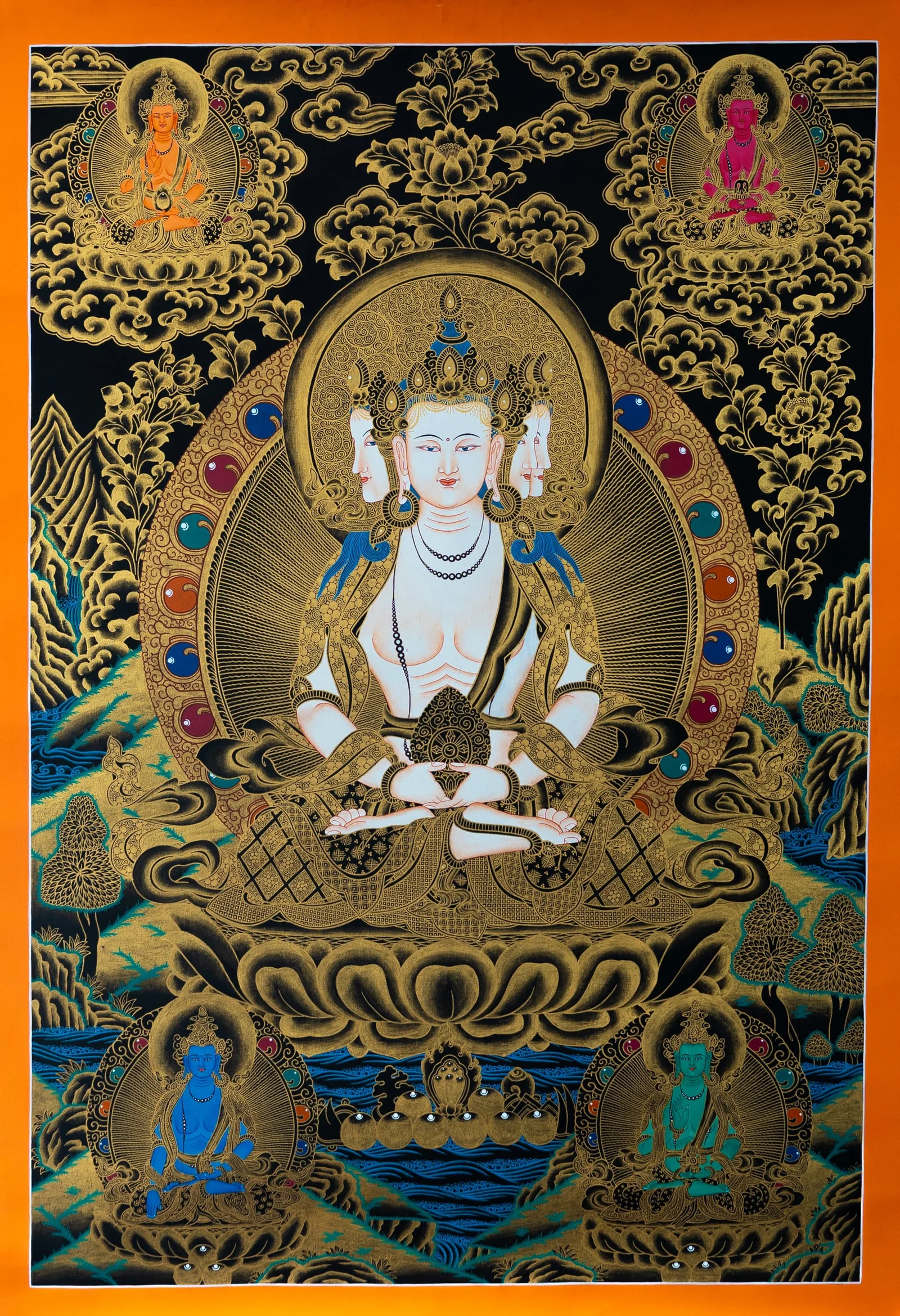 White multi-faced Vairocana in meditation, with the four other Buddhas of the five families in the corners, black and gold thangka