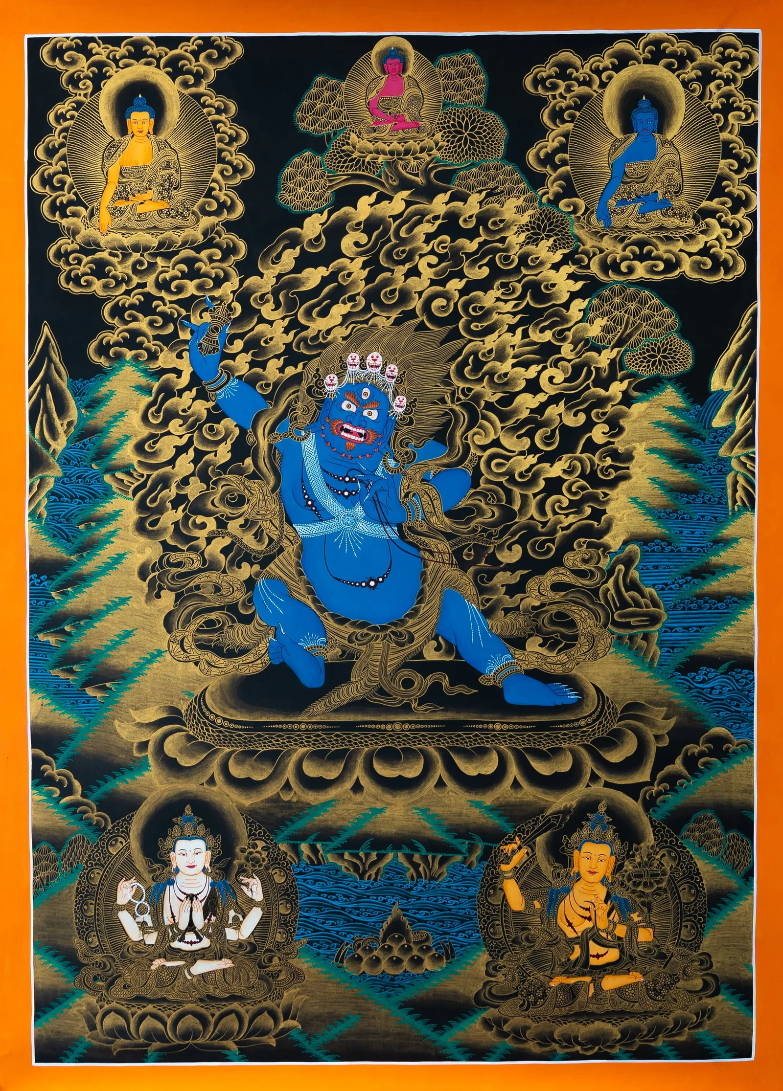 Wrathful blue Vajrapani raising a vajra amid flames, black and gold thangka with Chenrezig and Manjushri below