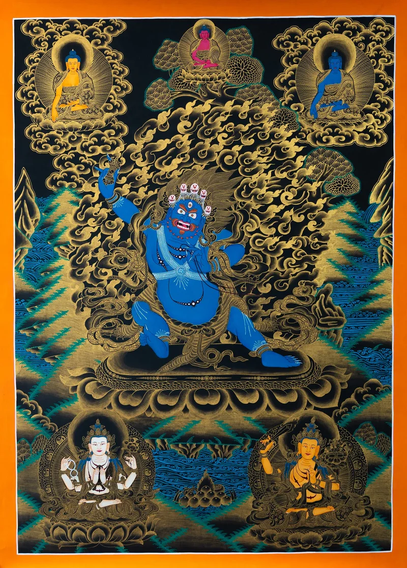 Wrathful blue Vajrapani raising a vajra amid flames, black and gold thangka with Chenrezig and Manjushri below