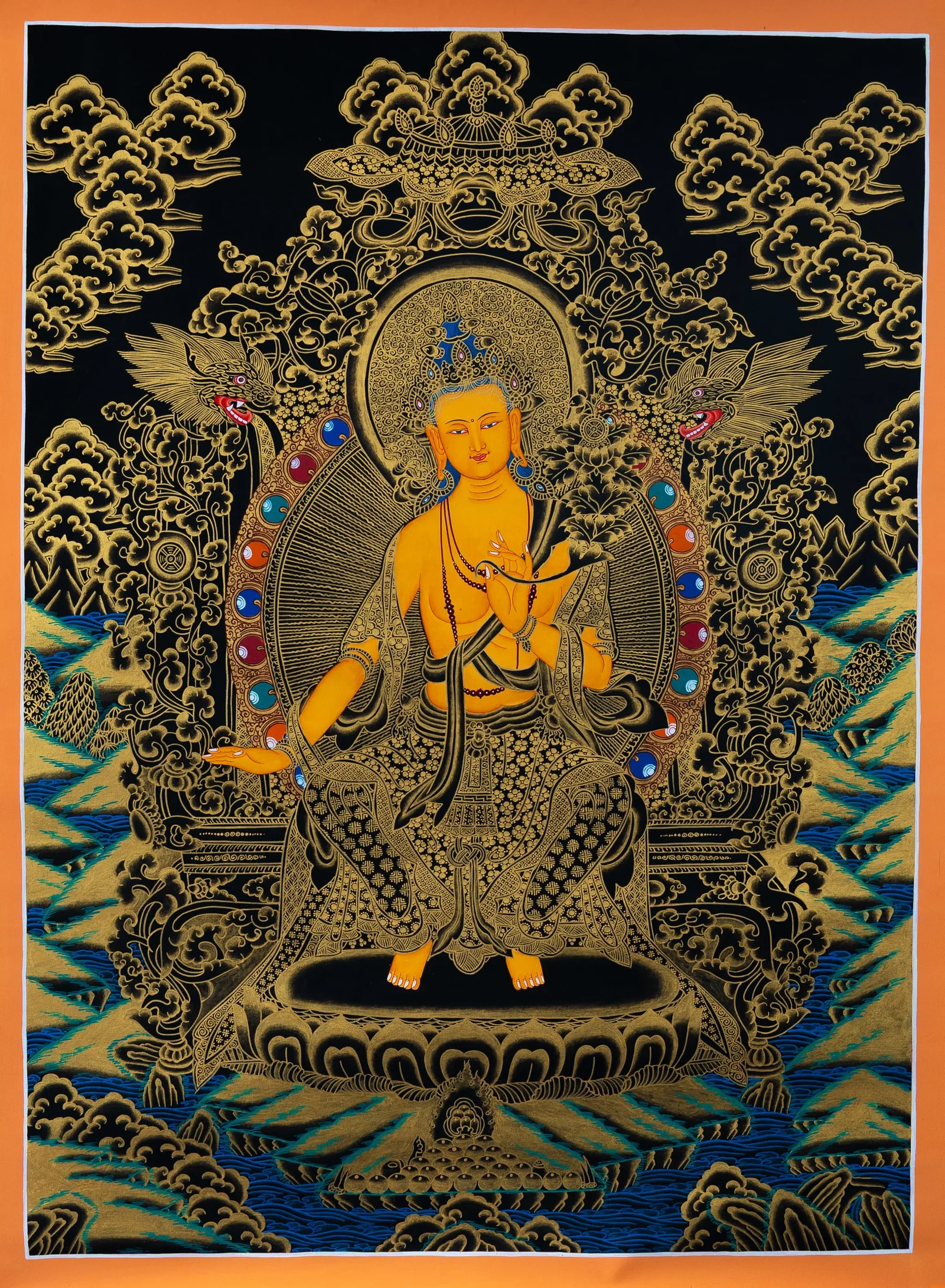 Golden Maitreya seated on a throne with both feet down, holding lotus stems, black and gold thangka