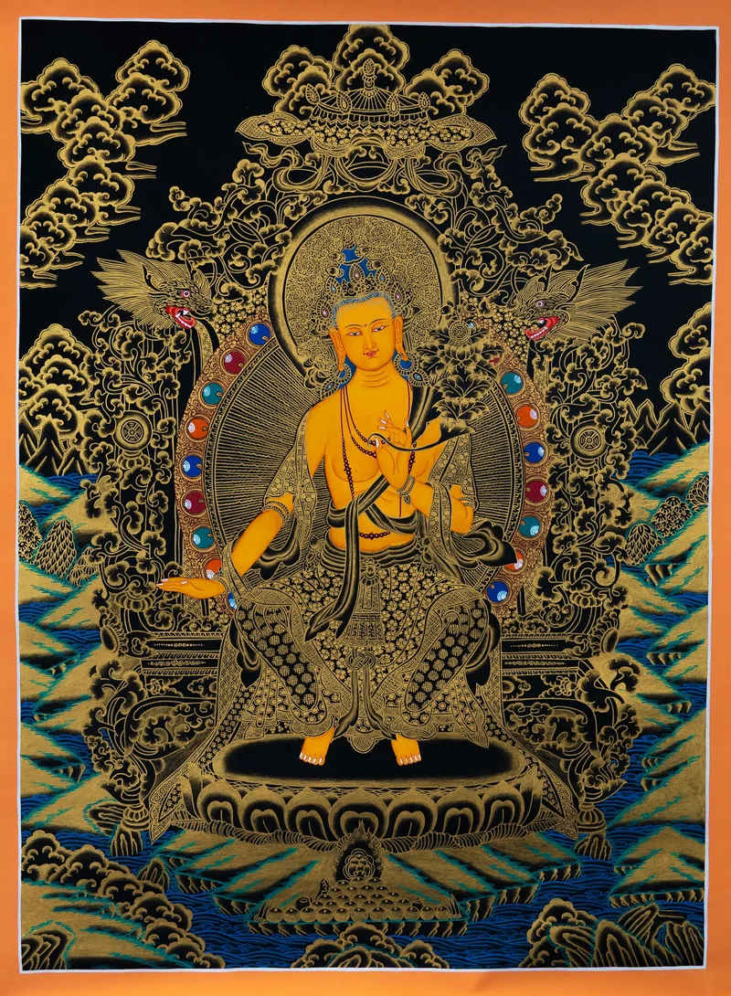Golden Maitreya seated on a throne with both feet down, holding lotus stems, black and gold thangka