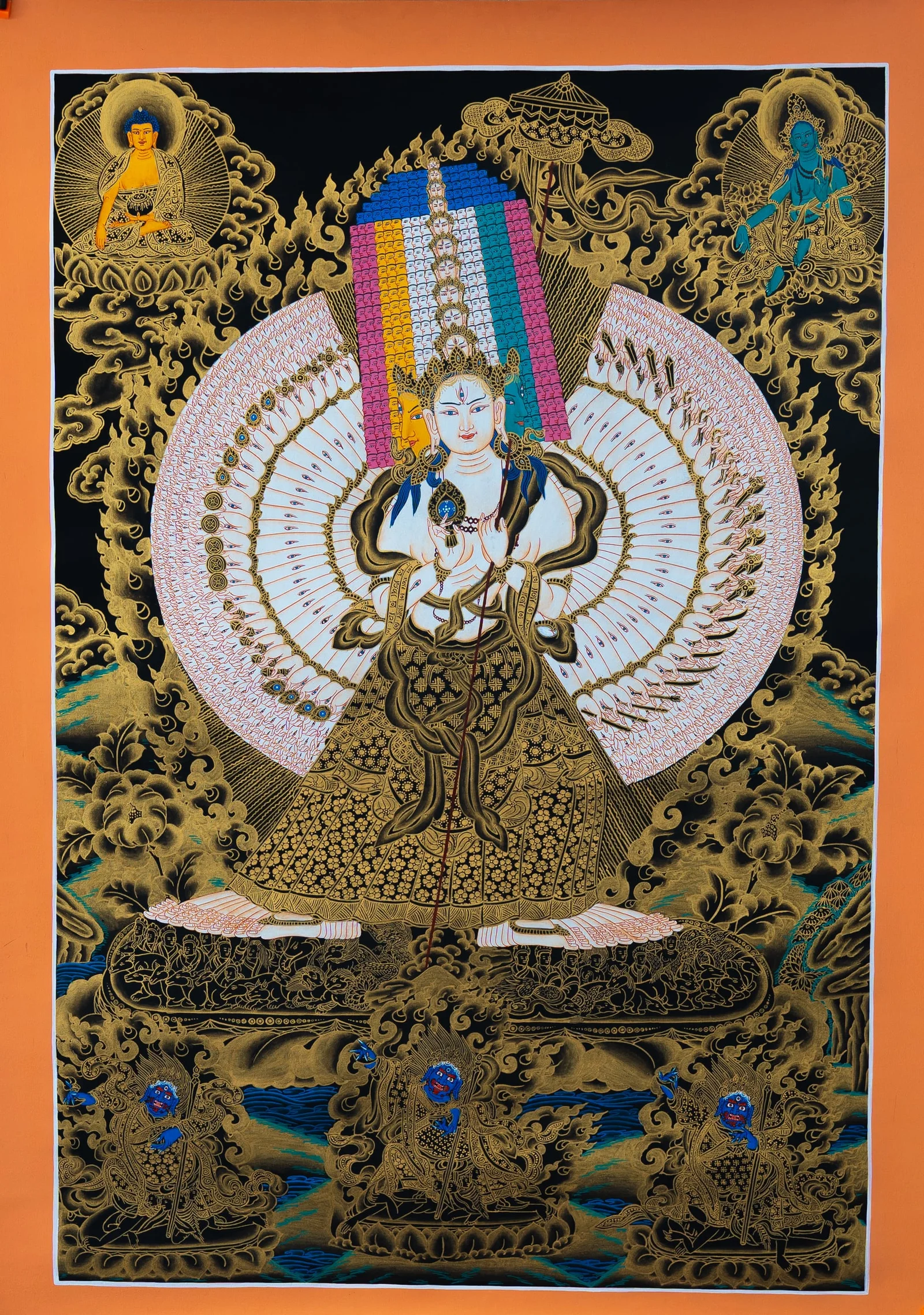 Standing eleven-headed, thousand-armed Chenrezig with a halo of hands, black and gold thangka with three protectors below
