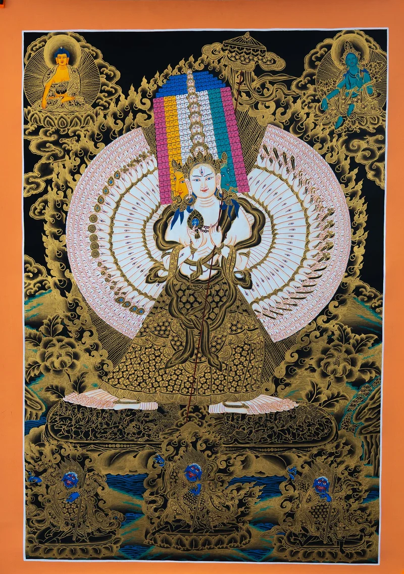 Standing eleven-headed, thousand-armed Chenrezig with a halo of hands, black and gold thangka with three protectors below