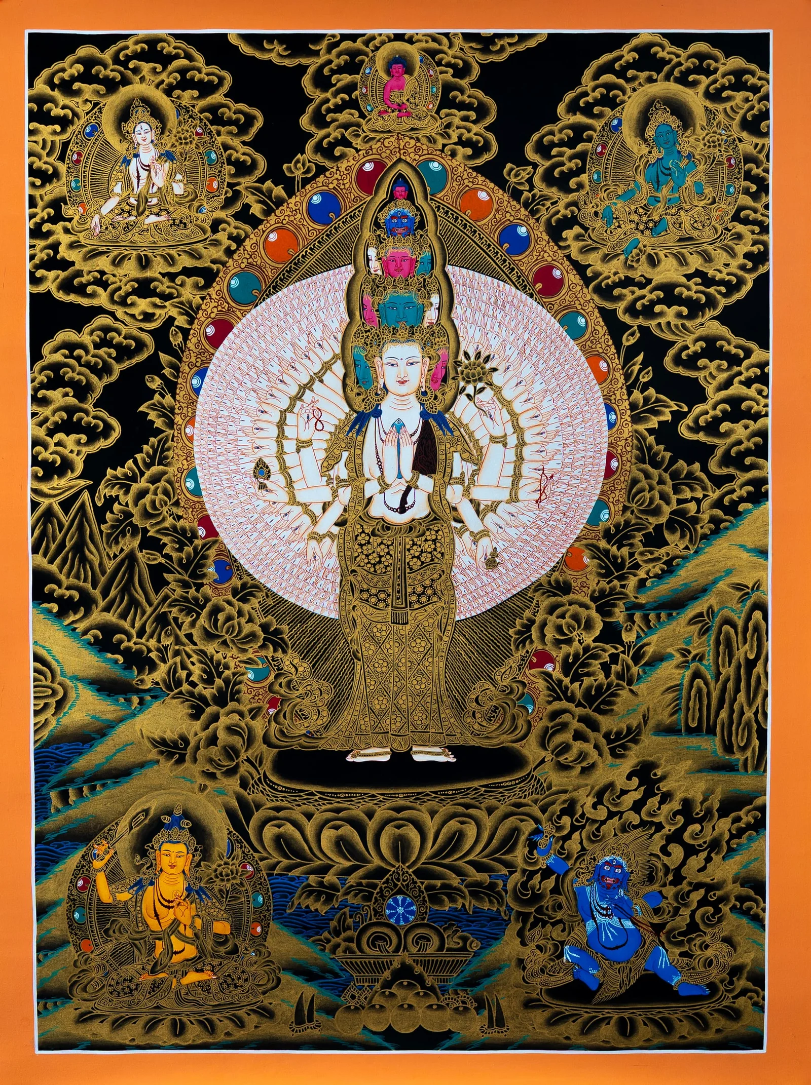 Standing eleven-headed, thousand-armed Chenrezig with a pink halo of hands, black and gold thangka with Manjushri and Vajrapani below
