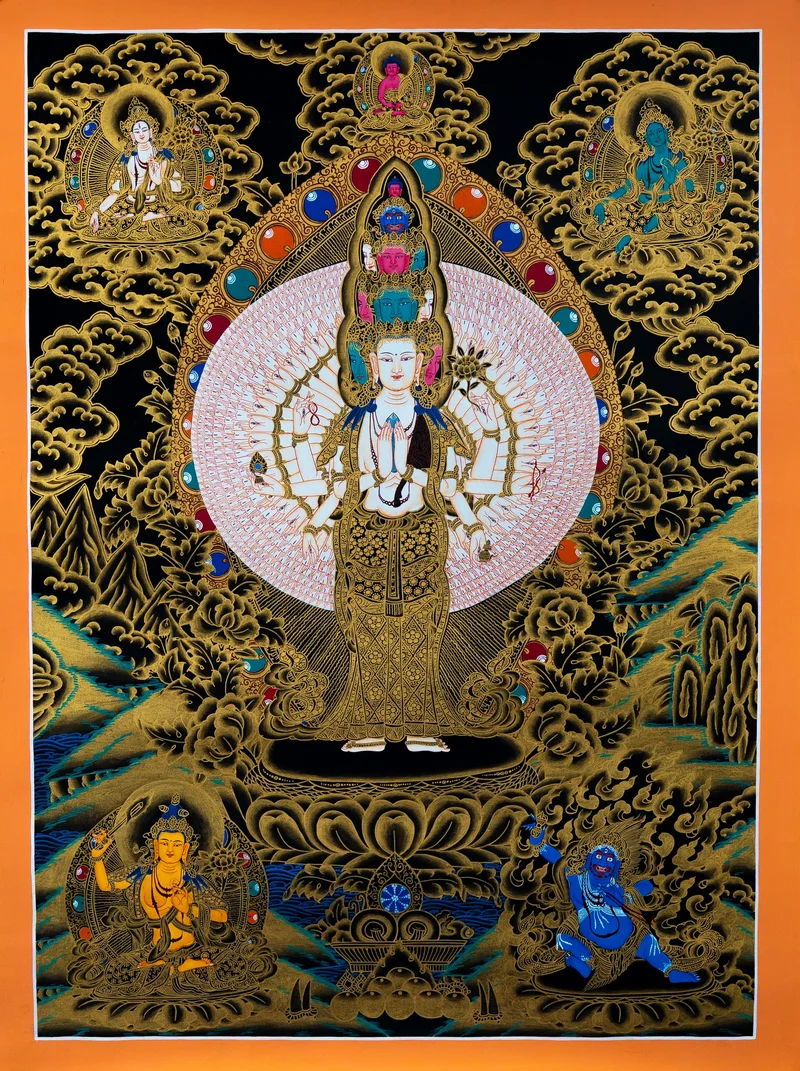 Standing eleven-headed, thousand-armed Chenrezig with a pink halo of hands, black and gold thangka with Manjushri and Vajrapani below