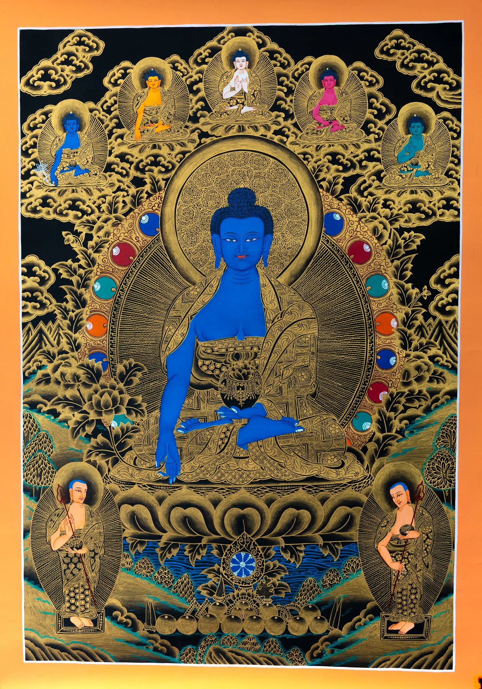 Blue Medicine Buddha seated holding a bowl, black and gold thangka with seven Buddhas above and two standing disciples below