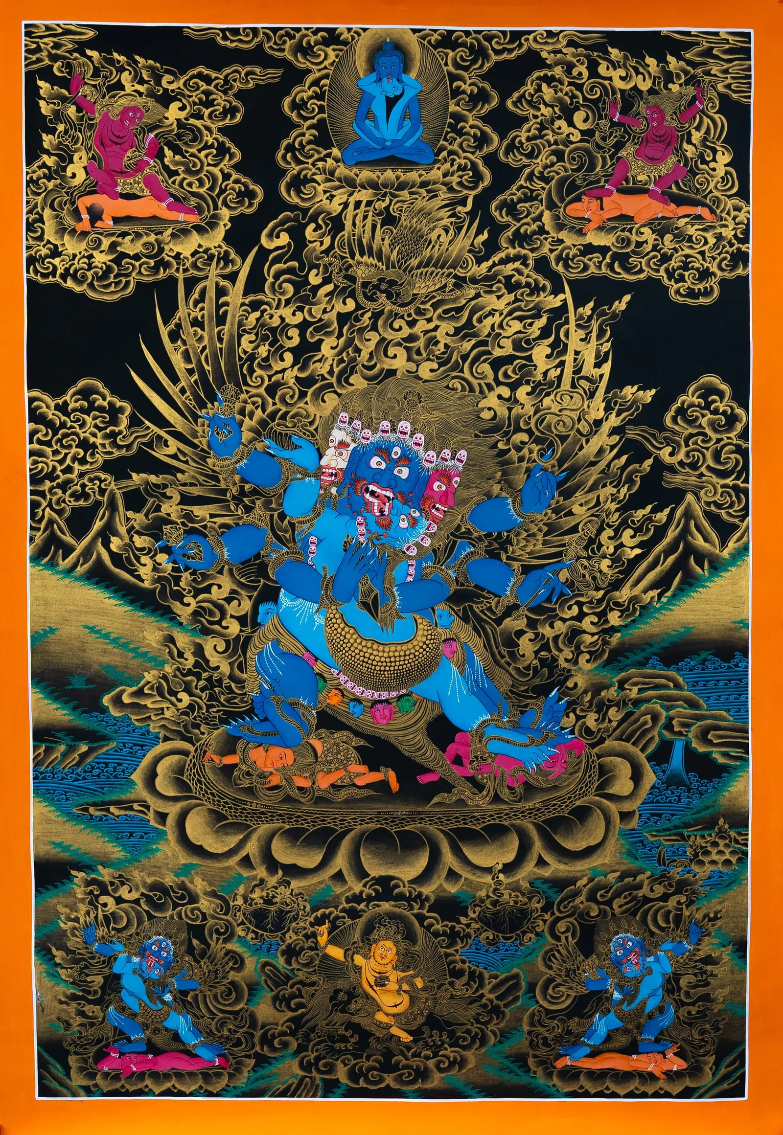 Wrathful blue three-faced, six-armed Vajrakilaya with wings, in union with his consort, black and gold thangka