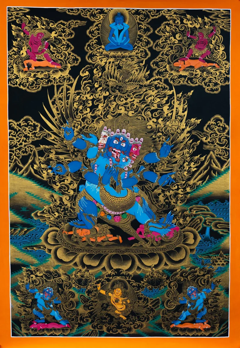 Wrathful blue three-faced, six-armed Vajrakilaya with wings, in union with his consort, black and gold thangka