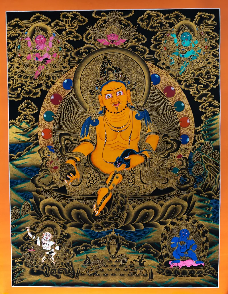 Golden-yellow Jambhala seated holding a mongoose, black and gold thangka with white and black Jambhala below